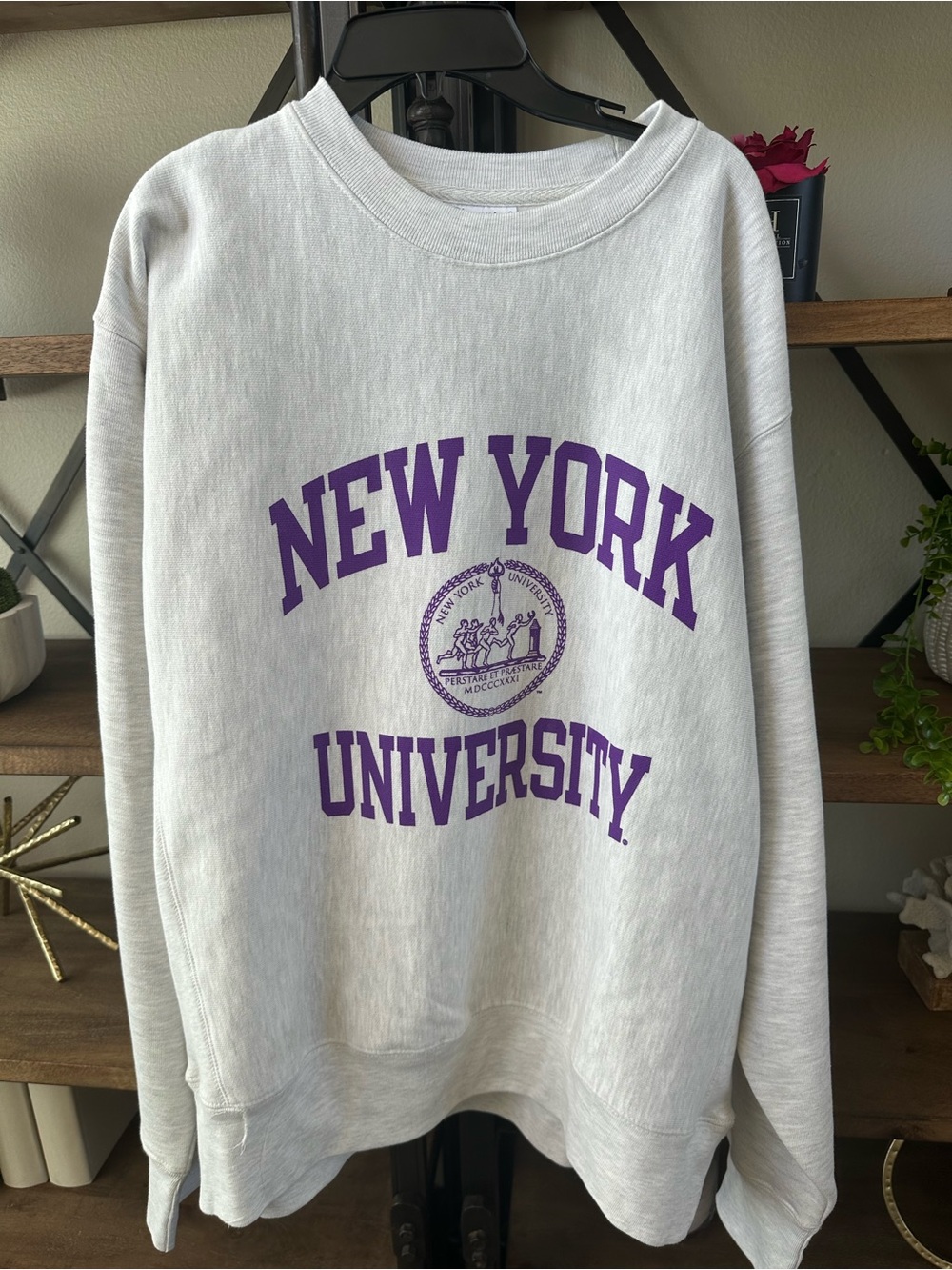 Champion Cream Crewneck Sweatshirt with Purple New York University Graphic